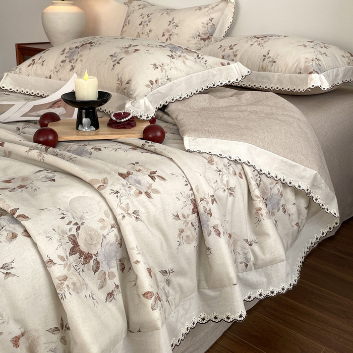 91家纺网 家纺一手货源 找家纺 慕晨 2026新款天丝莱赛尔棉麻数码印色织花边夏被四件套高级田园美式直播热款 浅棠