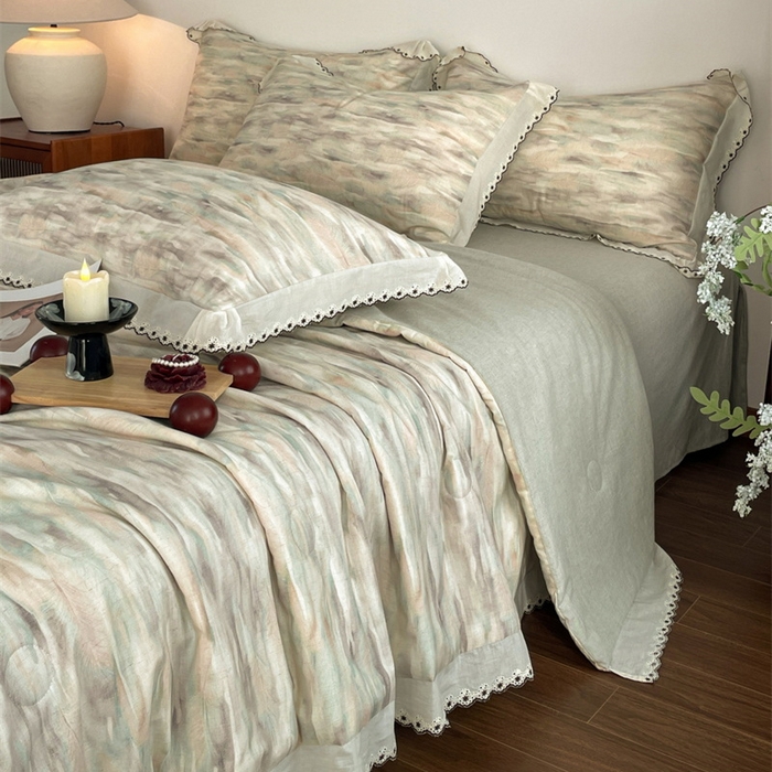 91家纺网 家纺一手货源 找家纺 慕晨 2026新款天丝莱赛尔棉麻数码印色织花边夏被四件套高级田园美式直播热款 轻织