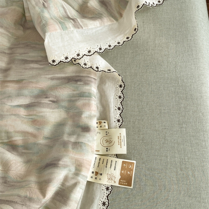 91家纺网 家纺一手货源 找家纺 慕晨 2026新款天丝莱赛尔棉麻数码印色织花边夏被四件套高级田园美式直播热款 轻织