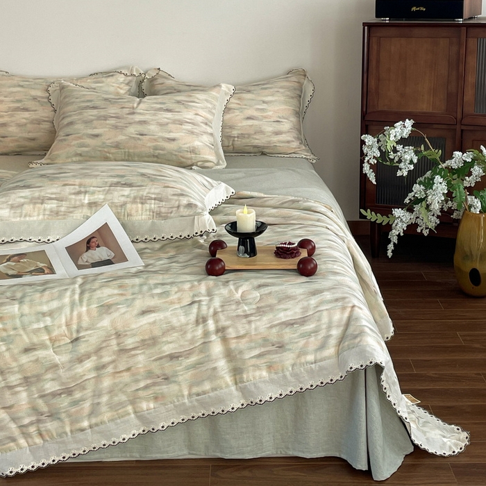 慕晨 2026新款天丝莱赛尔棉麻数码印色织花边夏被四件套高级田园美式直播热款 轻织