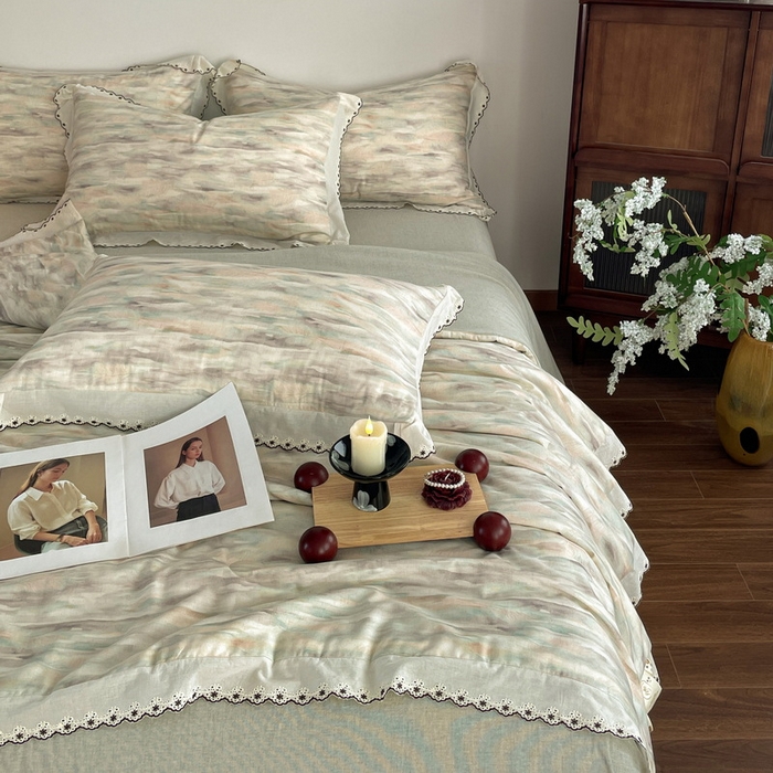 91家纺网 家纺一手货源 找家纺 慕晨 2026新款天丝莱赛尔棉麻数码印色织花边夏被四件套高级田园美式直播热款 轻织