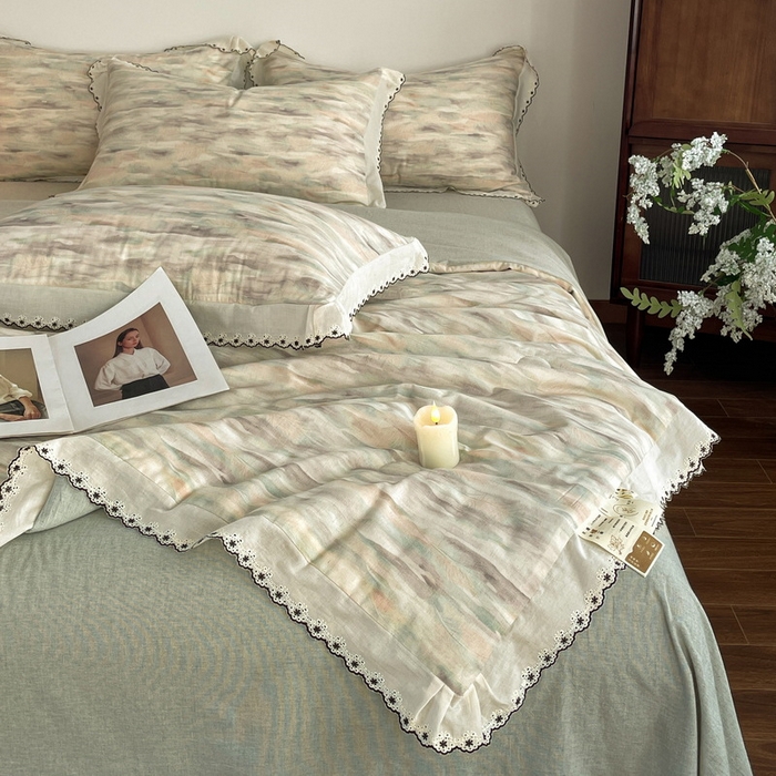 91家纺网 家纺一手货源 找家纺 慕晨 2026新款天丝莱赛尔棉麻数码印色织花边夏被四件套高级田园美式直播热款 轻织