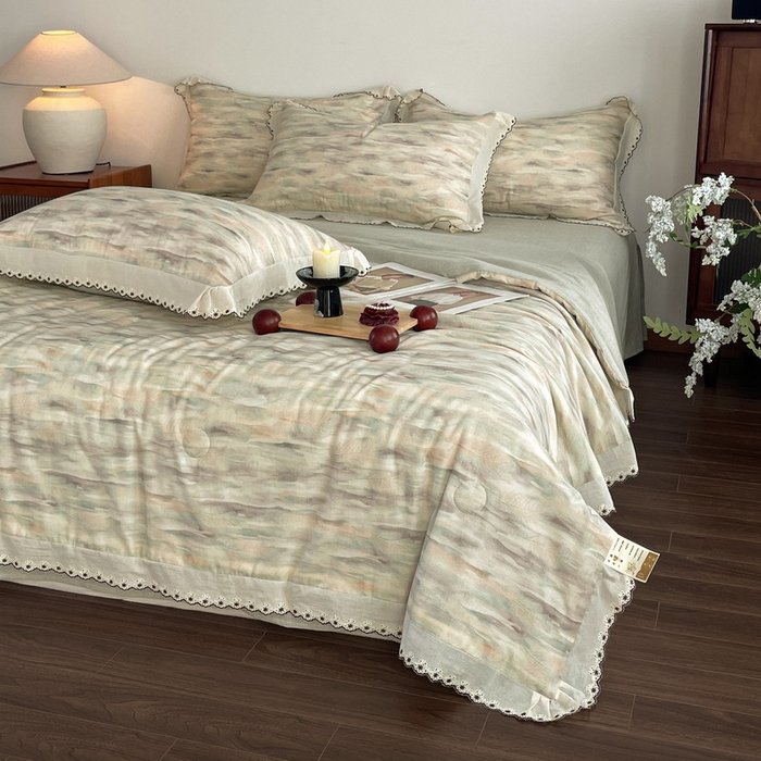 91家纺网 家纺一手货源 找家纺 慕晨 2026新款天丝莱赛尔棉麻数码印色织花边夏被四件套高级田园美式直播热款 轻织