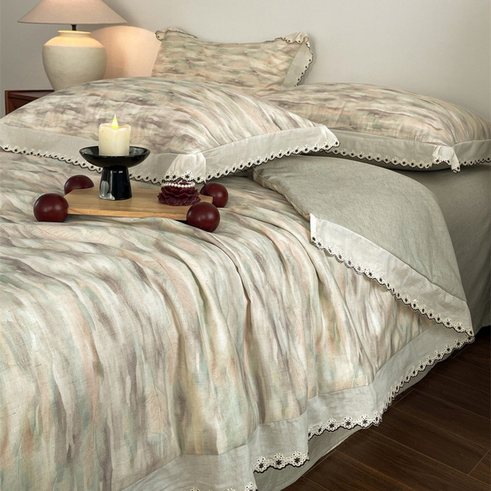 91家纺网 家纺一手货源 找家纺 慕晨 2026新款天丝莱赛尔棉麻数码印色织花边夏被四件套高级田园美式直播热款 轻织