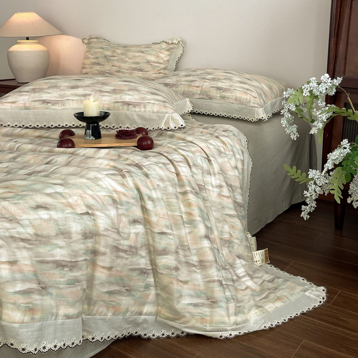 91家纺网 家纺一手货源 找家纺 慕晨 2026新款天丝莱赛尔棉麻数码印色织花边夏被四件套高级田园美式直播热款 轻织