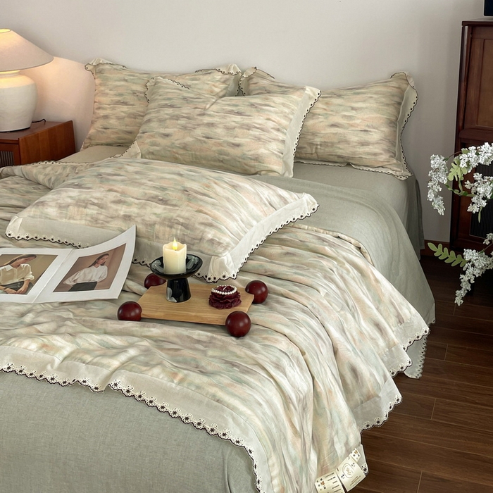 91家纺网 家纺一手货源 找家纺 慕晨 2026新款天丝莱赛尔棉麻数码印色织花边夏被四件套高级田园美式直播热款 轻织