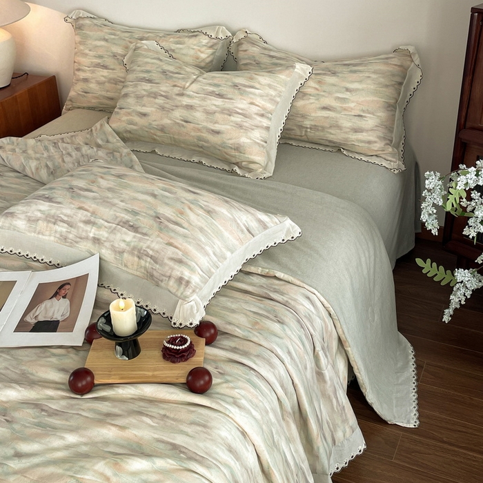 91家纺网 家纺一手货源 找家纺 慕晨 2026新款天丝莱赛尔棉麻数码印色织花边夏被四件套高级田园美式直播热款 轻织