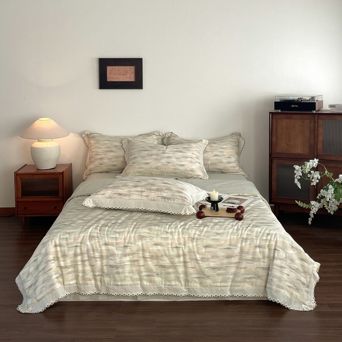 91家纺网 家纺一手货源 找家纺 慕晨 2026新款天丝莱赛尔棉麻数码印色织花边夏被四件套高级田园美式直播热款 轻织