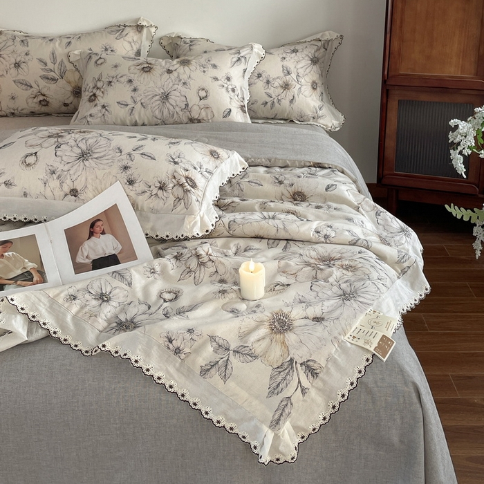 91家纺网 家纺一手货源 找家纺 慕晨 2026新款天丝莱赛尔棉麻数码印色织花边夏被四件套高级田园美式直播热款 清缕