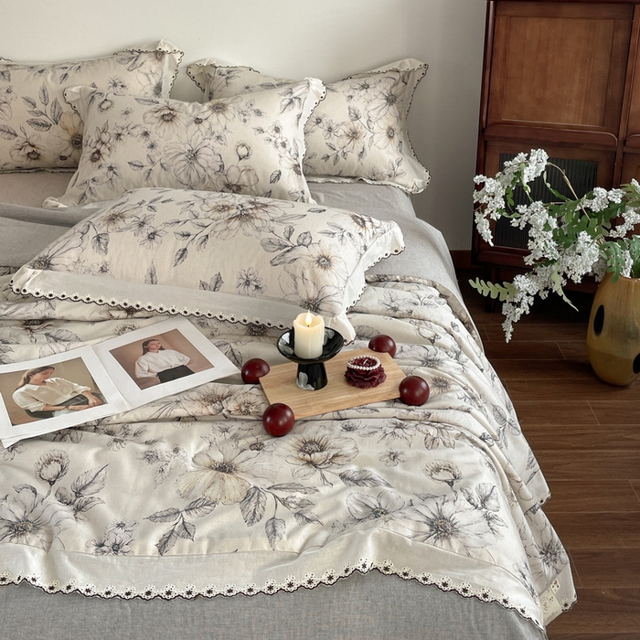 91家纺网 家纺一手货源 找家纺 慕晨 2026新款天丝莱赛尔棉麻数码印色织花边夏被四件套高级田园美式直播热款 清缕