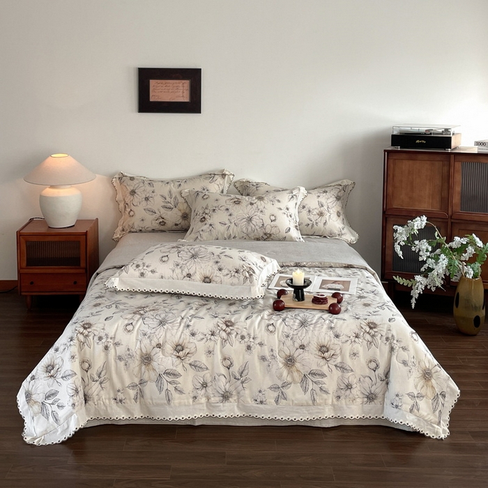 91家纺网 家纺一手货源 找家纺 慕晨 2026新款天丝莱赛尔棉麻数码印色织花边夏被四件套高级田园美式直播热款 清缕