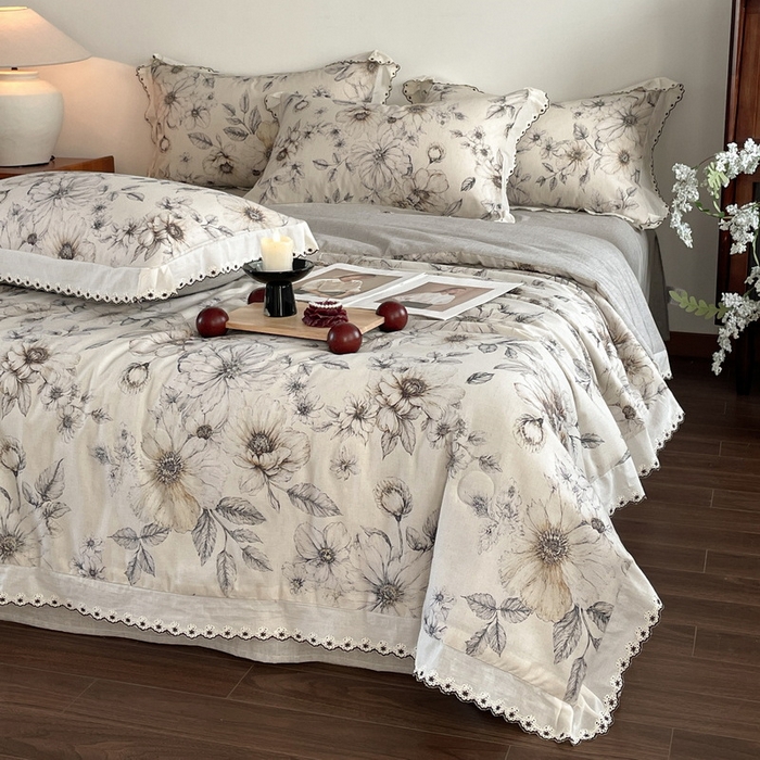 91家纺网 家纺一手货源 找家纺 慕晨 2026新款天丝莱赛尔棉麻数码印色织花边夏被四件套高级田园美式直播热款 清缕