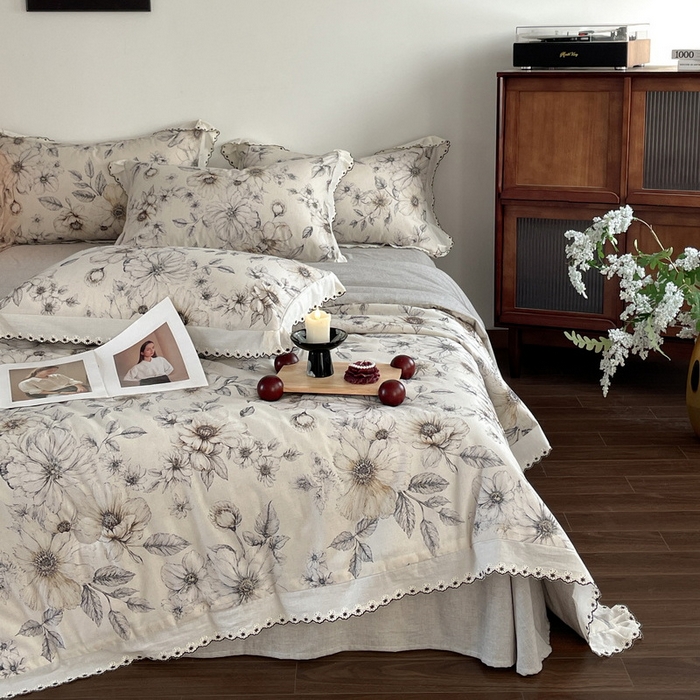 慕晨 2026新款天丝莱赛尔棉麻数码印色织花边夏被四件套高级田园美式直播热款 清缕