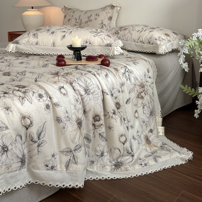 91家纺网 家纺一手货源 找家纺 慕晨 2026新款天丝莱赛尔棉麻数码印色织花边夏被四件套高级田园美式直播热款 清缕