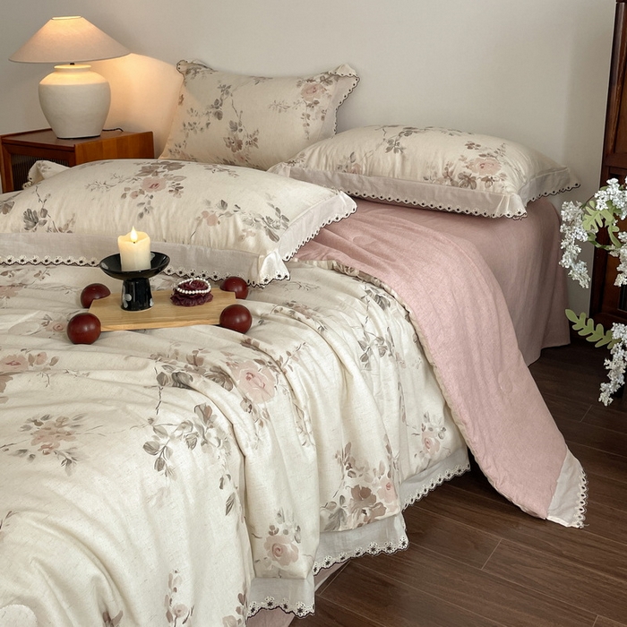 91家纺网 家纺一手货源 找家纺 慕晨 2026新款天丝莱赛尔棉麻数码印色织花边夏被四件套高级田园美式直播热款 柔织