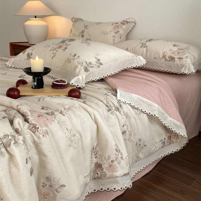 91家纺网 家纺一手货源 找家纺 慕晨 2026新款天丝莱赛尔棉麻数码印色织花边夏被四件套高级田园美式直播热款 柔织