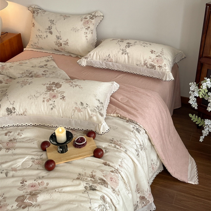 91家纺网 家纺一手货源 找家纺 慕晨 2026新款天丝莱赛尔棉麻数码印色织花边夏被四件套高级田园美式直播热款 柔织