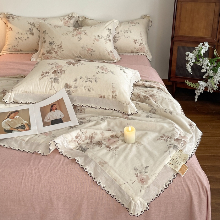 91家纺网 家纺一手货源 找家纺 慕晨 2026新款天丝莱赛尔棉麻数码印色织花边夏被四件套高级田园美式直播热款 柔织