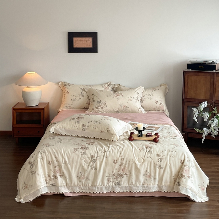 91家纺网 家纺一手货源 找家纺 慕晨 2026新款天丝莱赛尔棉麻数码印色织花边夏被四件套高级田园美式直播热款 柔织