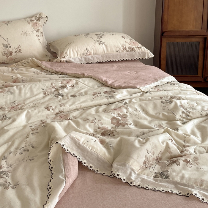 91家纺网 家纺一手货源 找家纺 慕晨 2026新款天丝莱赛尔棉麻数码印色织花边夏被四件套高级田园美式直播热款 柔织