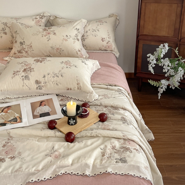 91家纺网 家纺一手货源 找家纺 慕晨 2026新款天丝莱赛尔棉麻数码印色织花边夏被四件套高级田园美式直播热款 柔织