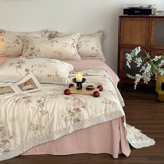 慕晨 2026新款天丝莱赛尔棉麻数码印色织花边夏被四件套高级田园美式直播热款 柔织