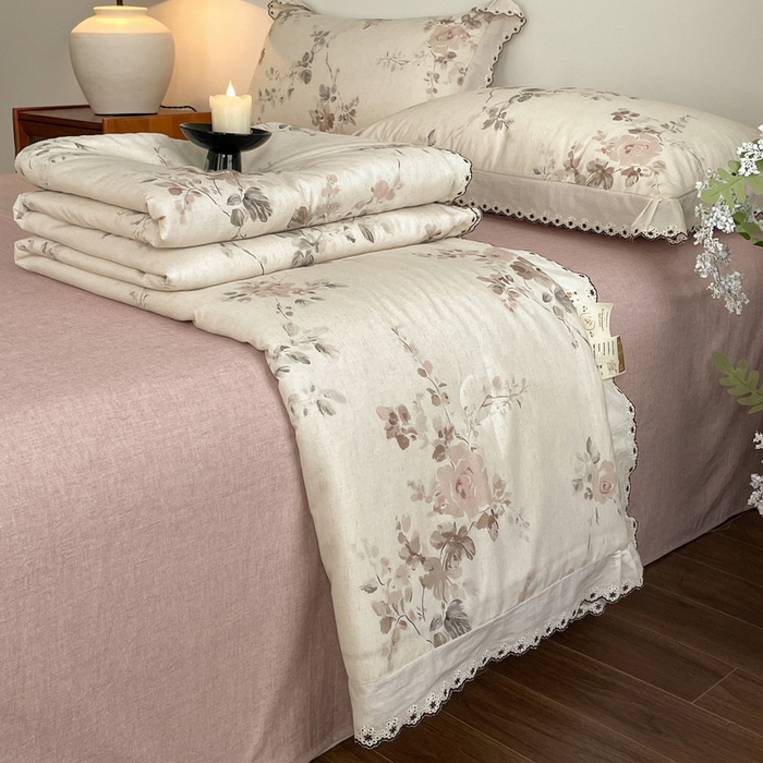 91家纺网 家纺一手货源 找家纺 慕晨 2026新款天丝莱赛尔棉麻数码印色织花边夏被四件套高级田园美式直播热款 柔织