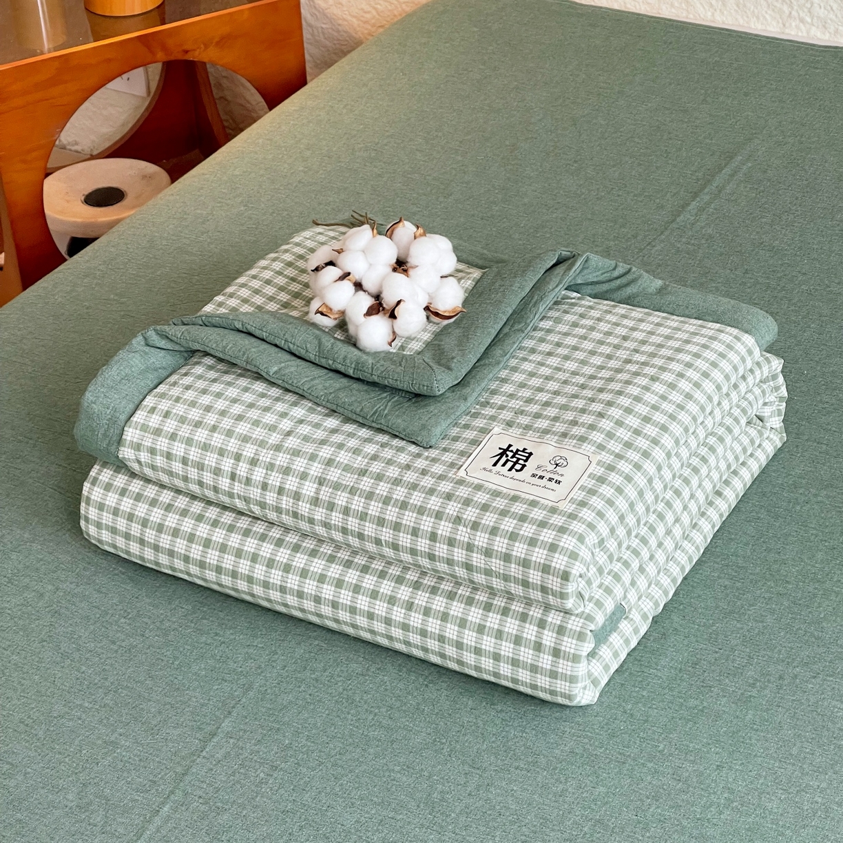 梵克保罗 2026春夏新款水洗棉新疆棉花被绗缝款夏被系列单夏被夏凉被空调被 棉花被-绿小格