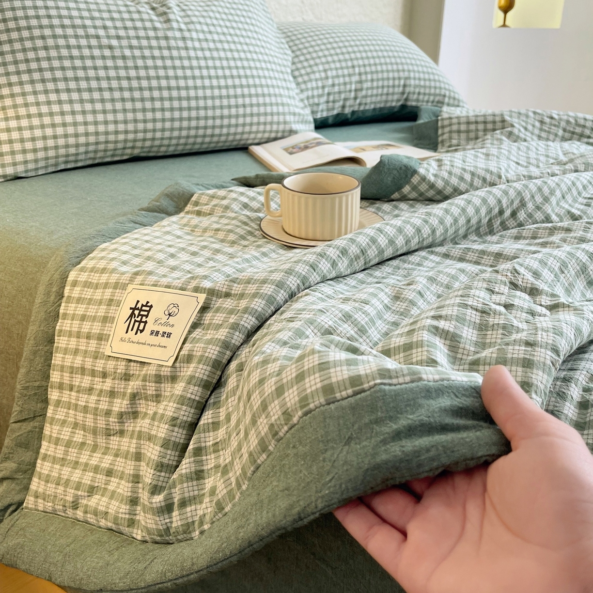 91家纺网 家纺一手货源 找家纺 梵克保罗 2026春夏新款水洗棉新疆棉花被绗缝款夏被系列单夏被夏凉被空调被 棉花被-绿小格