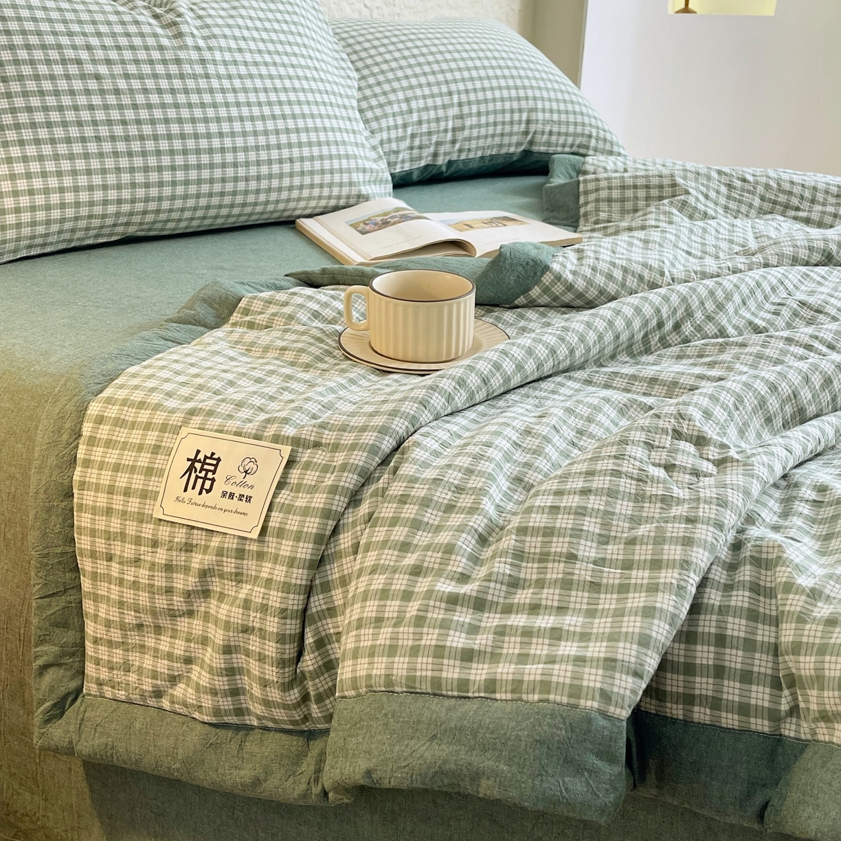 91家纺网 家纺一手货源 找家纺 梵克保罗 2026春夏新款水洗棉新疆棉花被绗缝款夏被系列单夏被夏凉被空调被 棉花被-绿小格