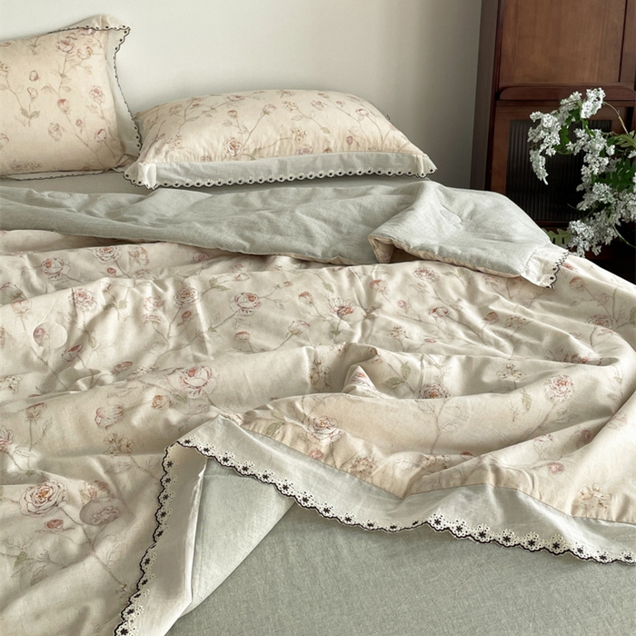 91家纺网 家纺一手货源 找家纺 慕晨 2026新款天丝莱赛尔棉麻数码印色织花边夏被四件套高级田园美式直播热款 素偶