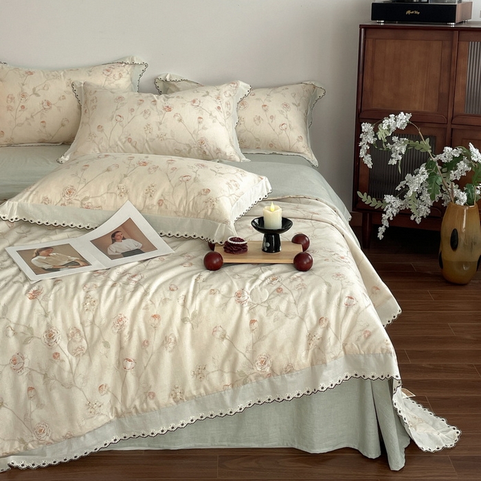 慕晨 2026新款天丝莱赛尔棉麻数码印色织花边夏被四件套高级田园美式直播热款 素偶