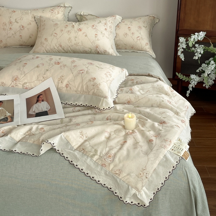 91家纺网 家纺一手货源 找家纺 慕晨 2026新款天丝莱赛尔棉麻数码印色织花边夏被四件套高级田园美式直播热款 素偶