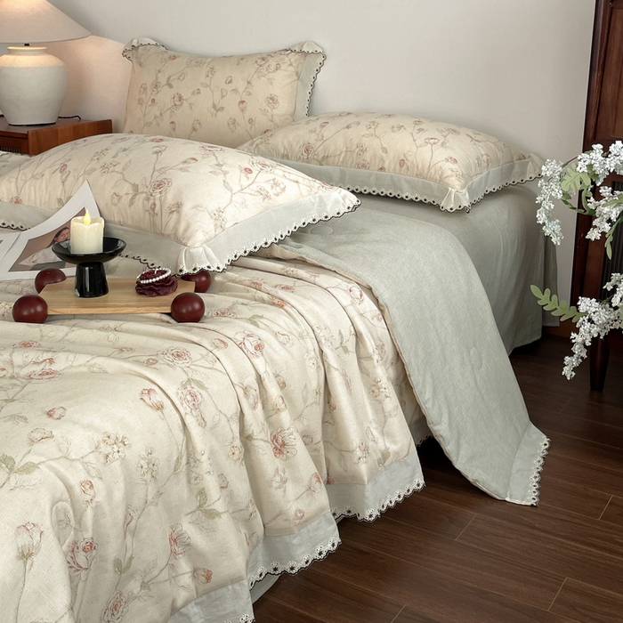 91家纺网 家纺一手货源 找家纺 慕晨 2026新款天丝莱赛尔棉麻数码印色织花边夏被四件套高级田园美式直播热款 素偶