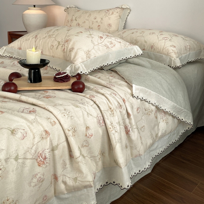 91家纺网 家纺一手货源 找家纺 慕晨 2026新款天丝莱赛尔棉麻数码印色织花边夏被四件套高级田园美式直播热款 素偶