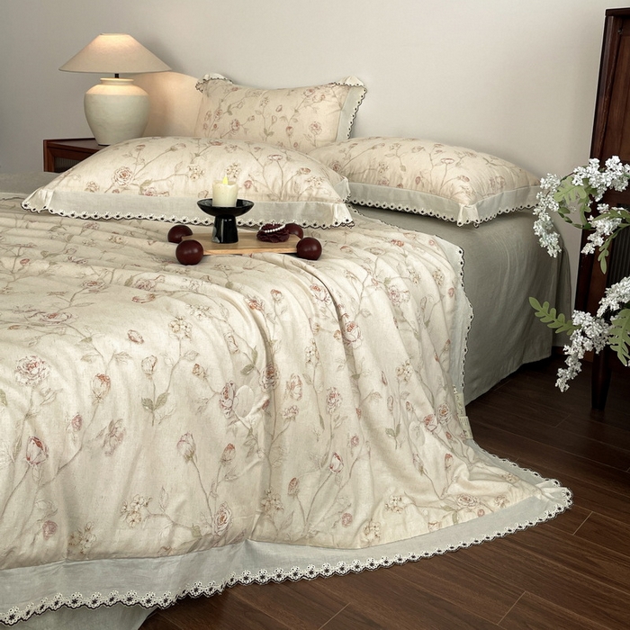 91家纺网 家纺一手货源 找家纺 慕晨 2026新款天丝莱赛尔棉麻数码印色织花边夏被四件套高级田园美式直播热款 素偶