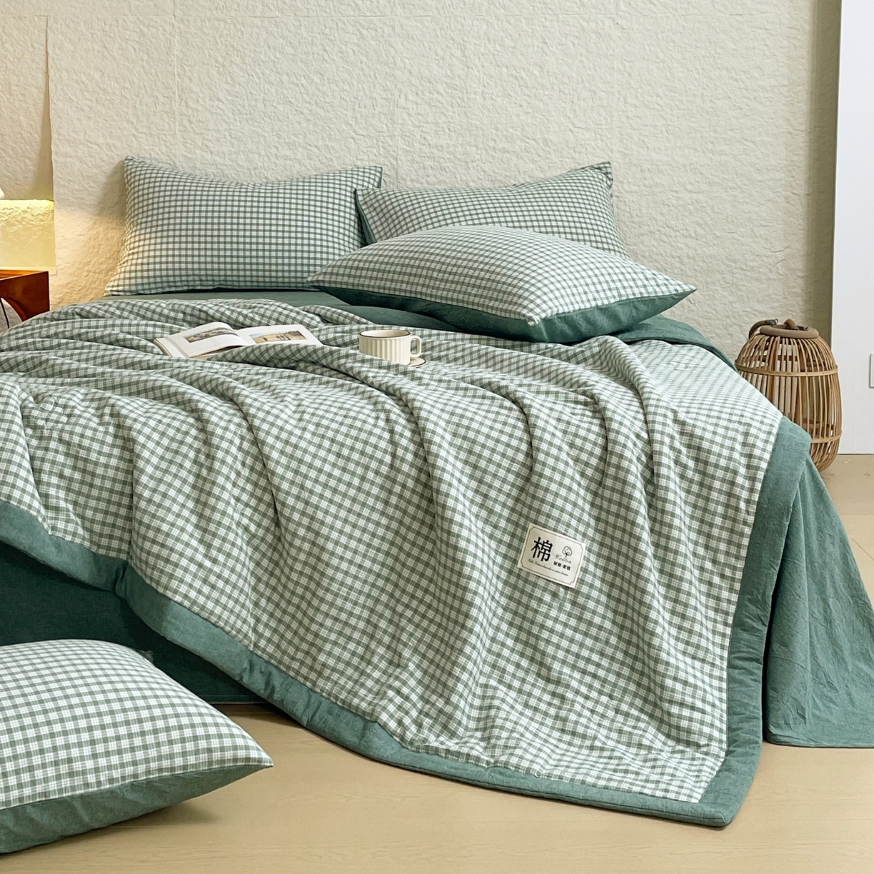 91家纺网 家纺一手货源 找家纺 梵克保罗 2026春夏新款水洗棉新疆棉花被绗缝款夏被系列单夏被夏凉被空调被 棉花被-绿小格