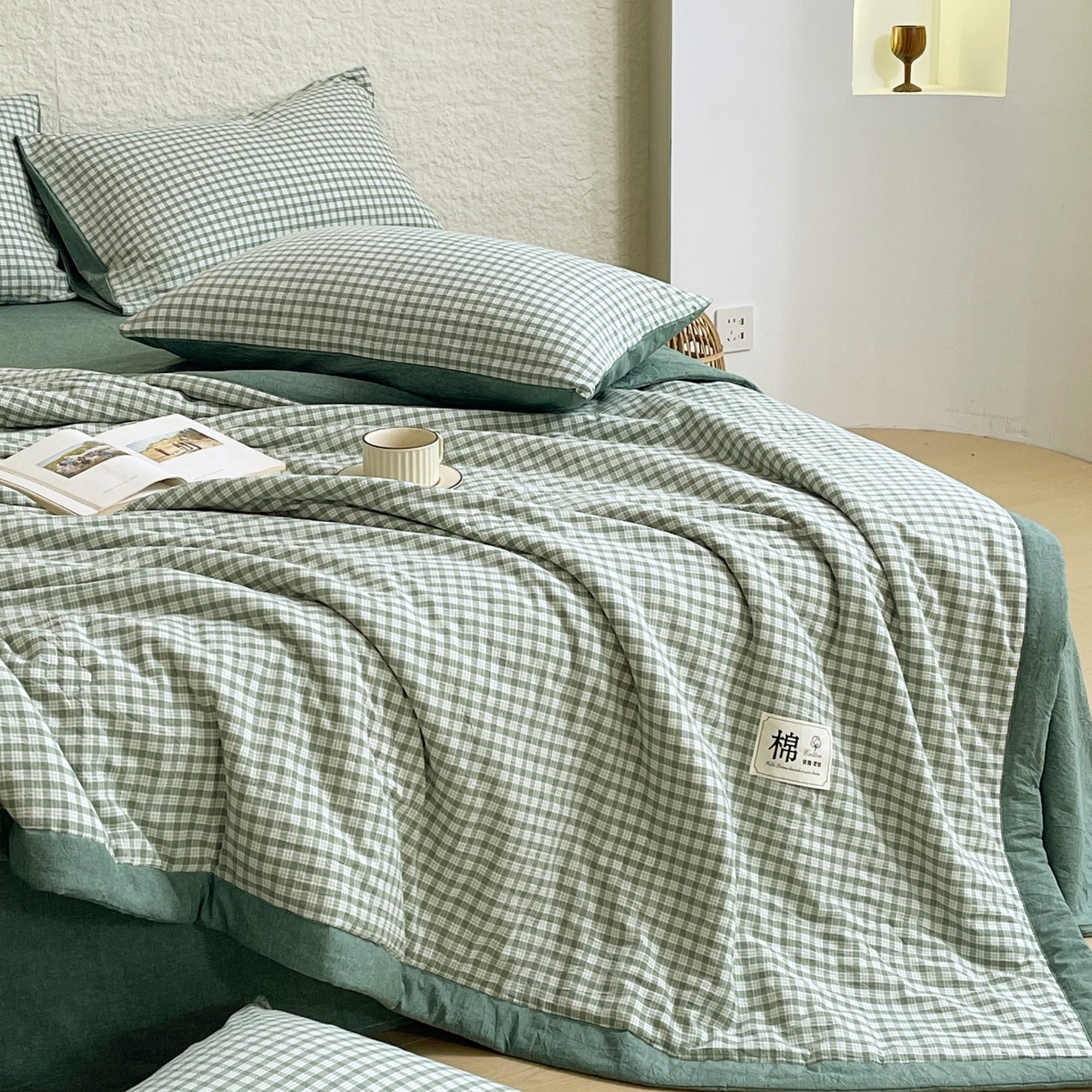 91家纺网 家纺一手货源 找家纺 梵克保罗 2026春夏新款水洗棉新疆棉花被绗缝款夏被系列单夏被夏凉被空调被 棉花被-绿小格