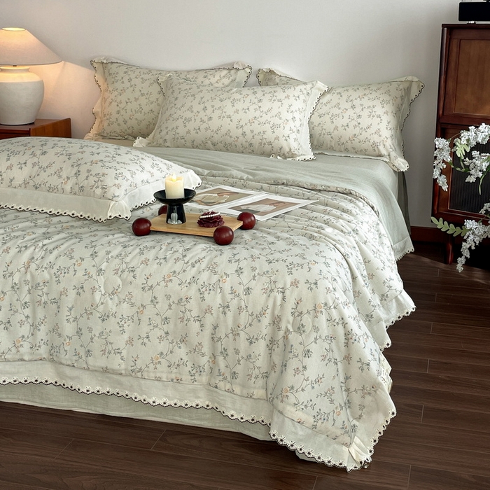 91家纺网 家纺一手货源 找家纺 慕晨 2026新款天丝莱赛尔棉麻数码印色织花边夏被四件套高级田园美式直播热款 晚絮