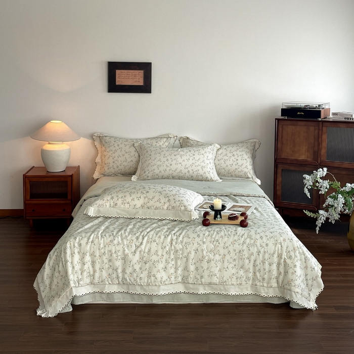 91家纺网 家纺一手货源 找家纺 慕晨 2026新款天丝莱赛尔棉麻数码印色织花边夏被四件套高级田园美式直播热款 晚絮