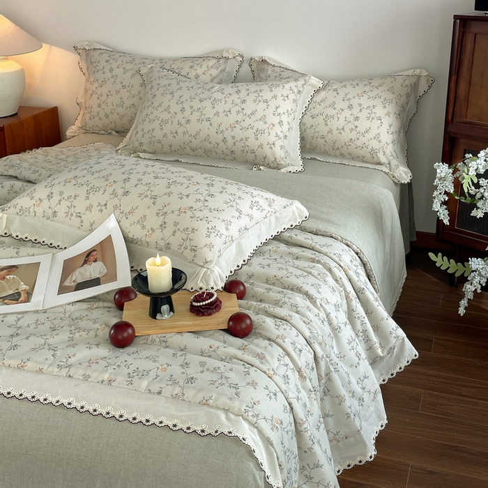 91家纺网 家纺一手货源 找家纺 慕晨 2026新款天丝莱赛尔棉麻数码印色织花边夏被四件套高级田园美式直播热款 晚絮