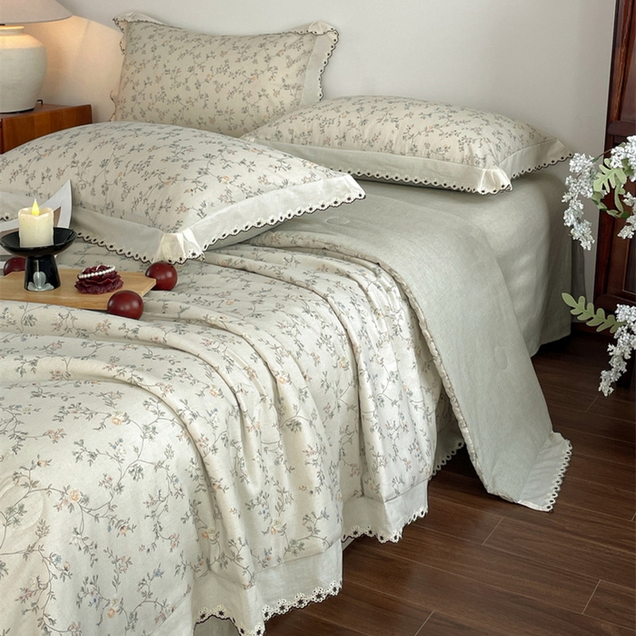 91家纺网 家纺一手货源 找家纺 慕晨 2026新款天丝莱赛尔棉麻数码印色织花边夏被四件套高级田园美式直播热款 晚絮