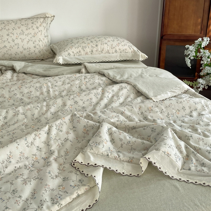 91家纺网 家纺一手货源 找家纺 慕晨 2026新款天丝莱赛尔棉麻数码印色织花边夏被四件套高级田园美式直播热款 晚絮