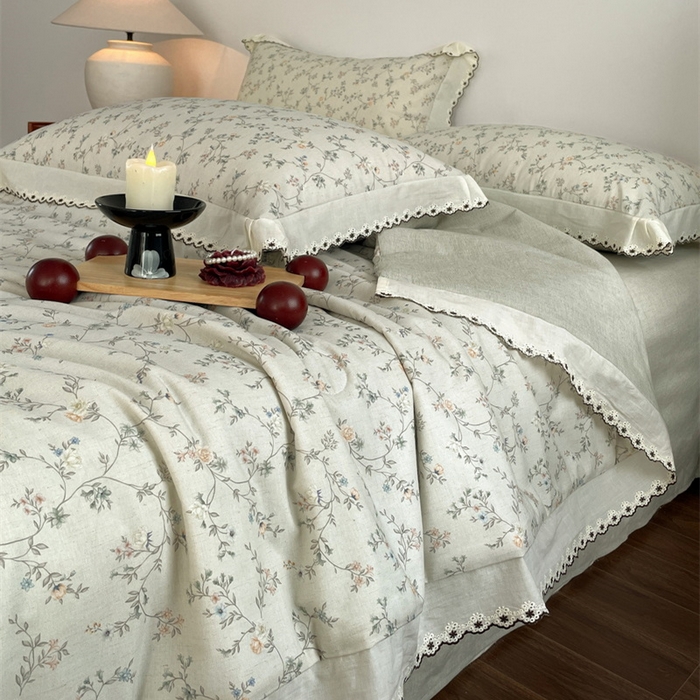 91家纺网 家纺一手货源 找家纺 慕晨 2026新款天丝莱赛尔棉麻数码印色织花边夏被四件套高级田园美式直播热款 晚絮