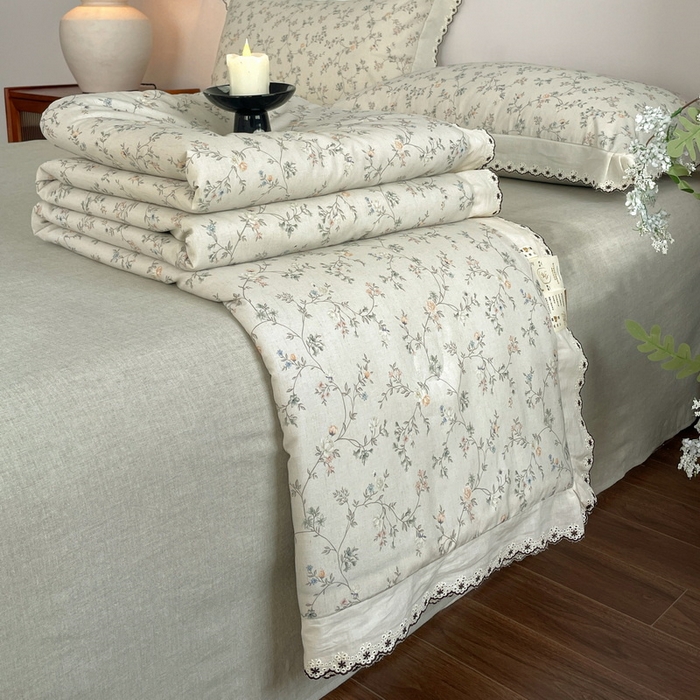 91家纺网 家纺一手货源 找家纺 慕晨 2026新款天丝莱赛尔棉麻数码印色织花边夏被四件套高级田园美式直播热款 晚絮