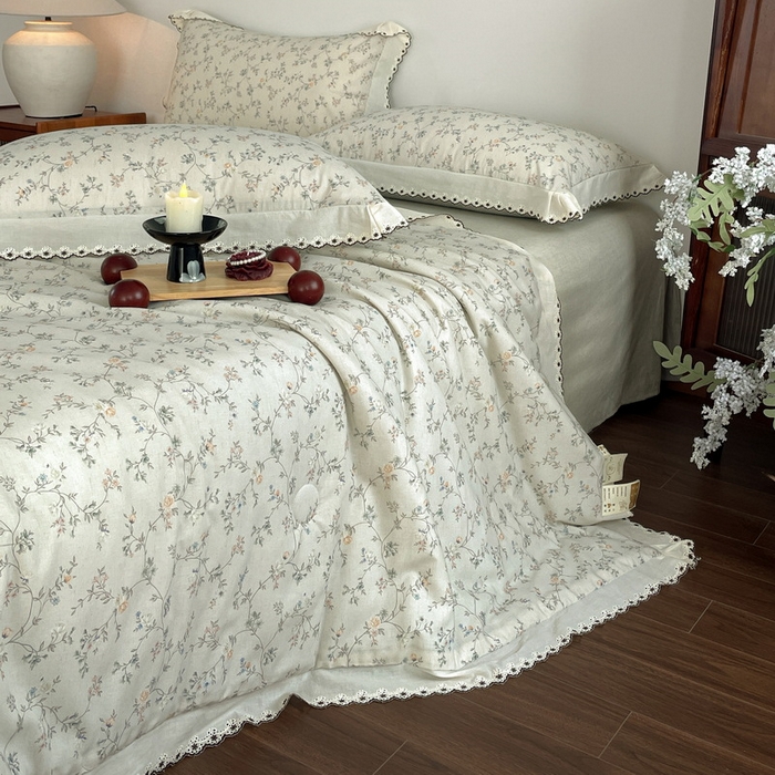 91家纺网 家纺一手货源 找家纺 慕晨 2026新款天丝莱赛尔棉麻数码印色织花边夏被四件套高级田园美式直播热款 晚絮