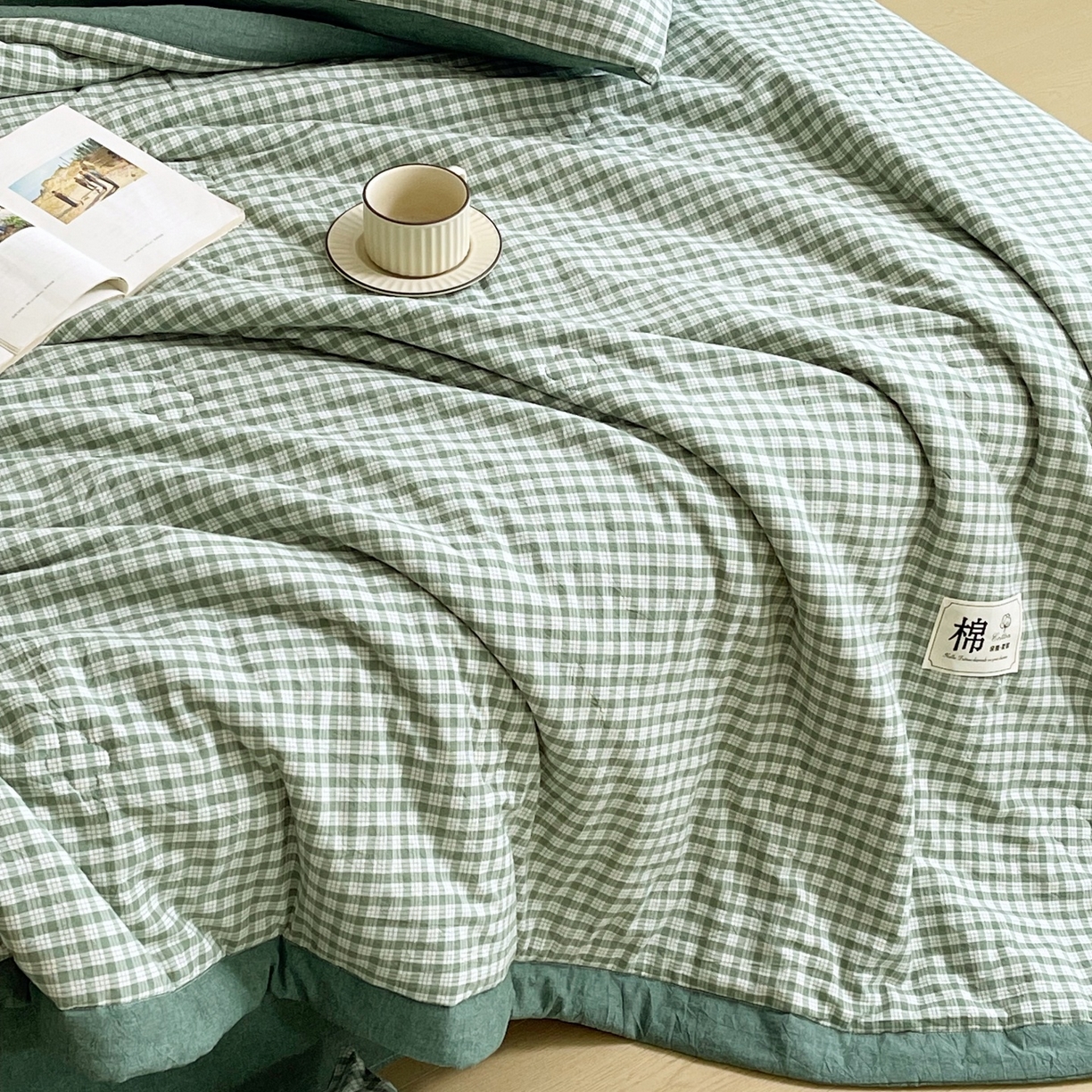 91家纺网 家纺一手货源 找家纺 梵克保罗 2026春夏新款水洗棉新疆棉花被绗缝款夏被系列单夏被夏凉被空调被 棉花被-绿小格