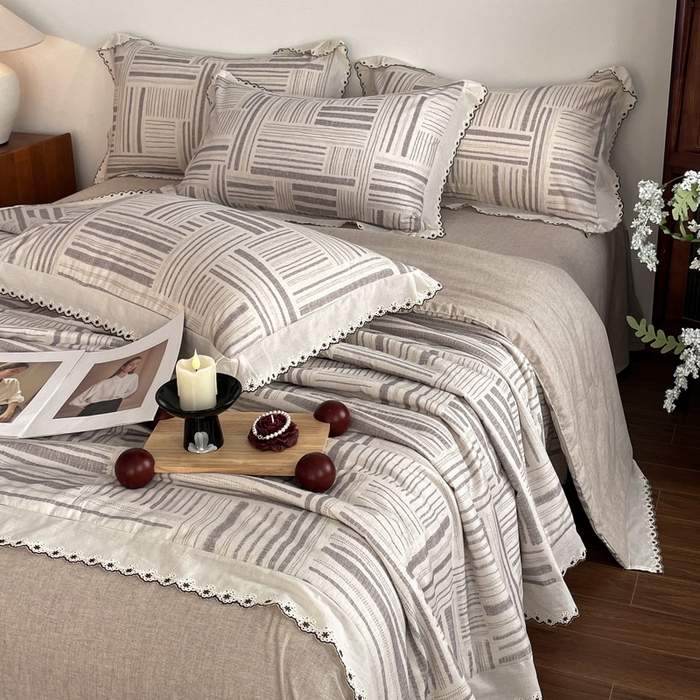 91家纺网 家纺一手货源 找家纺 慕晨 2026新款天丝莱赛尔棉麻数码印色织花边夏被四件套高级田园美式直播热款 闲纹