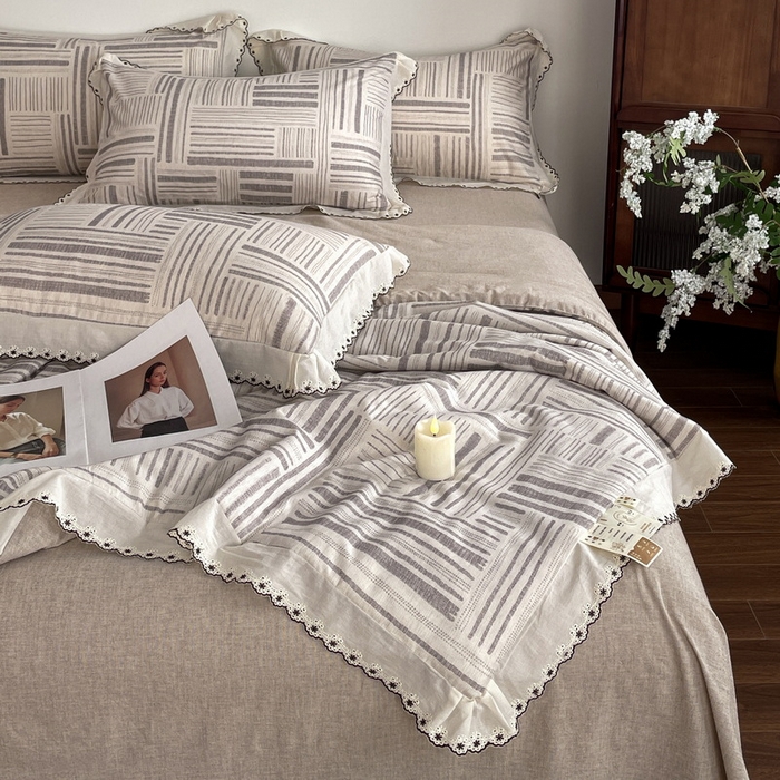 91家纺网 家纺一手货源 找家纺 慕晨 2026新款天丝莱赛尔棉麻数码印色织花边夏被四件套高级田园美式直播热款 闲纹