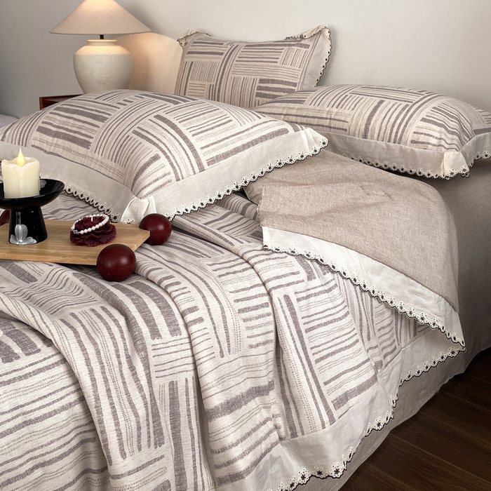 91家纺网 家纺一手货源 找家纺 慕晨 2026新款天丝莱赛尔棉麻数码印色织花边夏被四件套高级田园美式直播热款 闲纹